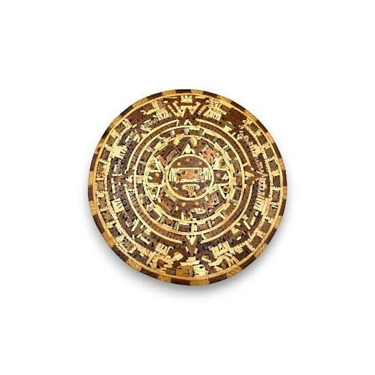 Handcrafted Mexican Aztec Warrior Calendar | Unique Artwork with 11 Wood Types handcrafted circular Aztec warrior calendar made from 11 wood types
