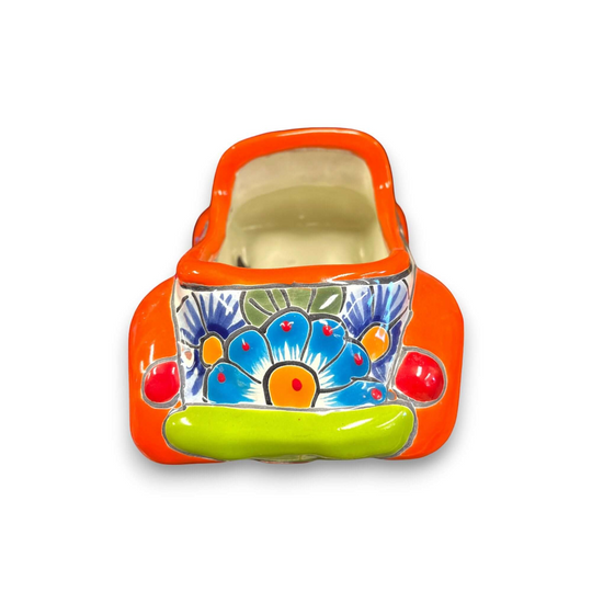 Colorful Hand-Painted Talavera Car Planter | Small Ceramic Car Statue - bright orange hand-painted Talavera ceramic car planter