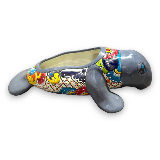 Mexican Handmade Seal Planter | Colorful Talavera Seal (Medium Size) hand-painted ceramic planter with floral Talavera design