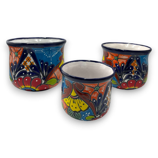 Set of 3 Talavera Flower Pots | Colorful Hand-Painted Mexican Planters - hand-painted Talavera ceramic planters with bright floral designs