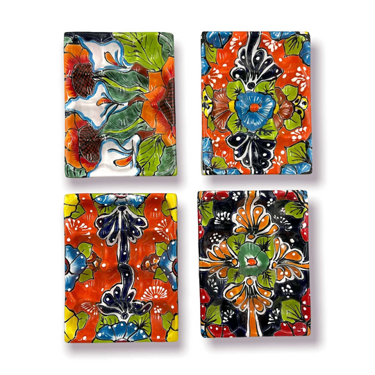 Talavera Ceramic Egg Holder | Hand-Painted Mexican Kitchenware - hand-painted floral butterfly motifs in red yellow blue green, set of 4