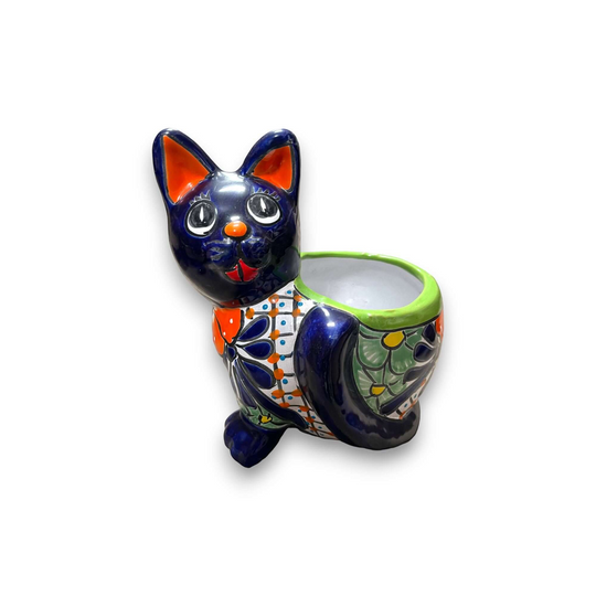 Handmade Cat Planter | Hand Painted Cat Talavera Artwork (Medium Size) - hand-painted blue Mexican talavera cat planter, kiln-fired lead-free glaze