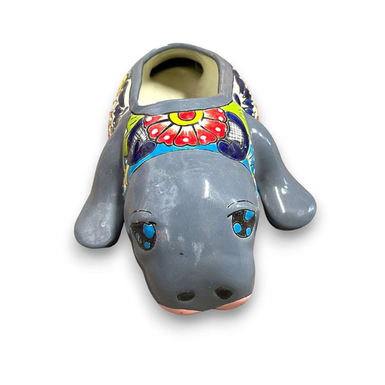 Mexican Handmade Seal Planter | Colorful Talavera Seal (Medium Size) hand-painted gray Talavera seal planter, kiln-fired, lead-free glaze, whimsical home decor