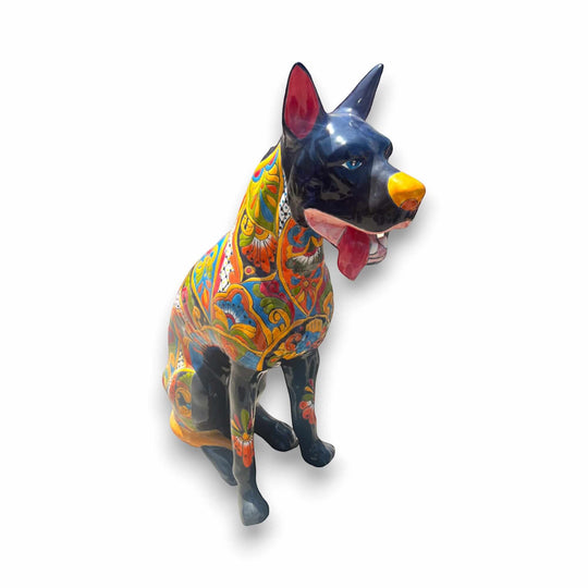 Huge Talavera Dog Statue | Colorful Mexican Ceramic Statue - hand-painted kiln-fired Talavera dog sculpture from Guanajuato, vibrant garden decor