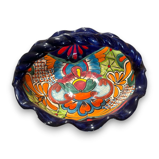 Talavera Fruit Basket | Colorful Hand-Painted Centerpiece showing vibrant hand-painted floral Talavera design with twisted rim