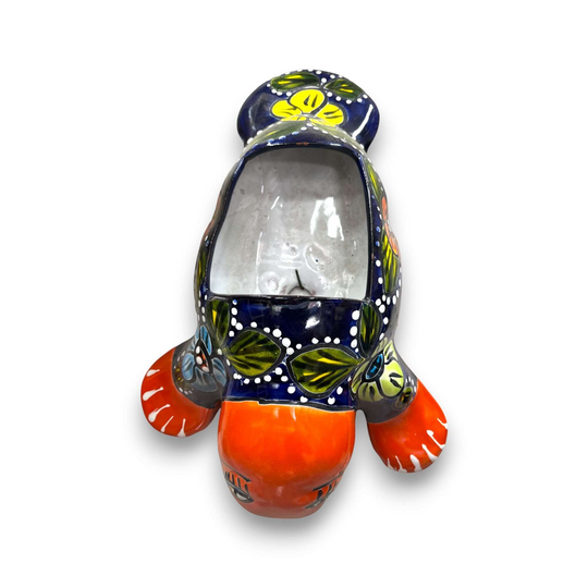 Mexican Handmade Seal Planter | Colorful Talavera Seal (Medium Size) hand-painted Talavera seal planter in navy, orange and floral motifs