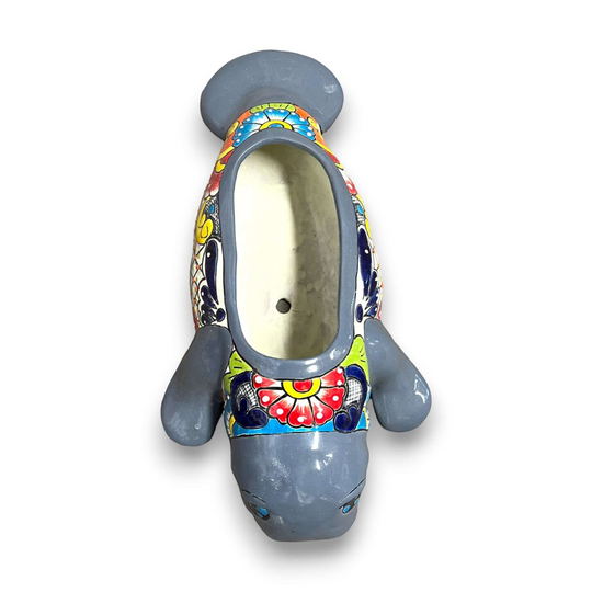 Mexican Handmade Seal Planter | Colorful Talavera Seal (Medium Size) hand-painted gray and multicolor ceramic seal planter top view