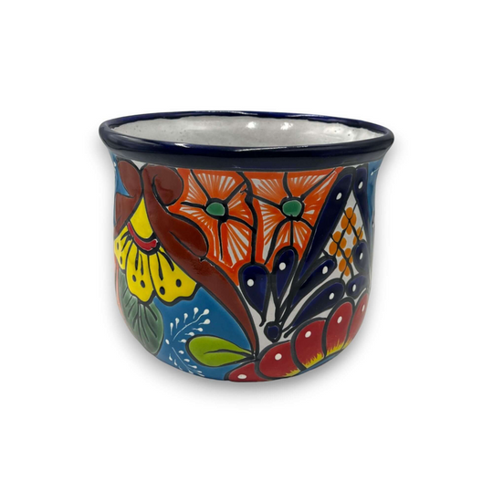 Set of 3 Talavera Flower Pots | Colorful Hand-Painted Mexican Planters - single hand-painted blue floral Talavera planter