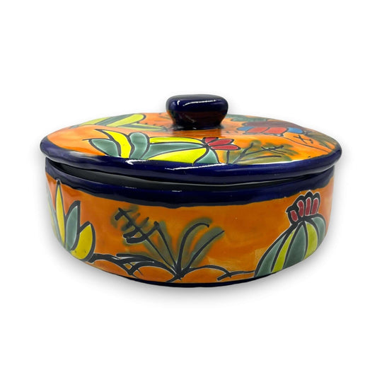 Handcrafted Talavera Tortilla Warmer | Colorful Mexican Sleeping Man Panchito - hand-painted orange floral ceramic tortilla warmer
