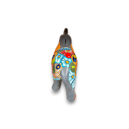 Colorful Talavera Elephant Coin Bank | Handmade Medium Piggy Bank - hand-painted elephant coin bank with floral Talavera glaze