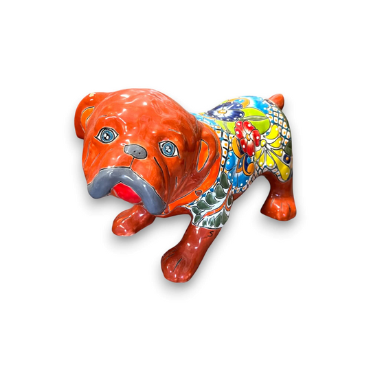 Handmade Talavera Dog Statue | Colorful Hand-Painted Medium Animal Artwork - vibrant orange hand-painted Talavera bulldog statue