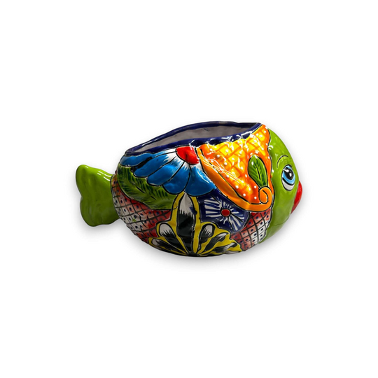 Small Talavera Fish Planter | Colorful Hand-Painted Mexican Statue Pottery - vibrant hand-painted Mexican fish-shaped ceramic planter
