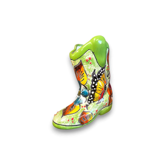 Hand-Painted Talavera Mexican Boot Flower Pot | Colorful Small Talavera Planter - green boot planter with hand-painted butterflies and flowers
