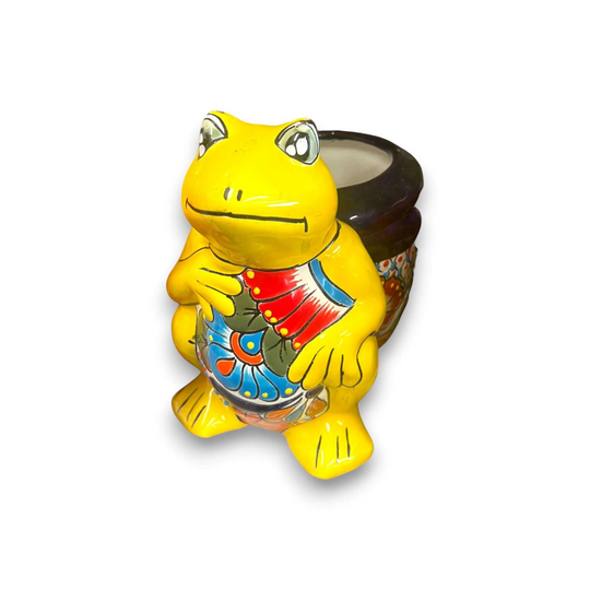 Talavera Frog Planter | Colorful Hand-Painted Mexican Pottery bright yellow hand-painted frog ceramic planter with floral talavera patterns