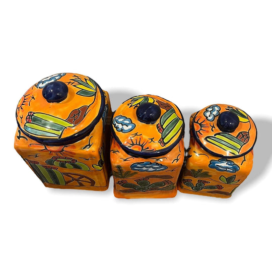 Talavera Canister Set | Colorful Handmade Panchito Pottery - handmade orange Talavera kitchen canisters with Panchito desert design, lead-free glaze