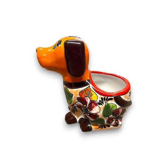 Mexican Handmade Dog Planter | Colorful Hand-Painted Talavera Dog Planter (Medium Size) - hand-painted orange Talavera dog planter with floral design