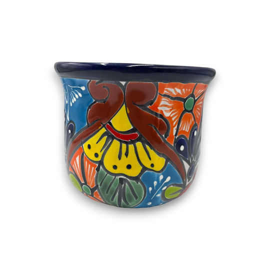 Set of 3 Talavera Flower Pots | Colorful Hand-Painted Mexican Planters - single blue floral Talavera planter, hand-painted, kiln-fired, lead-free glaze