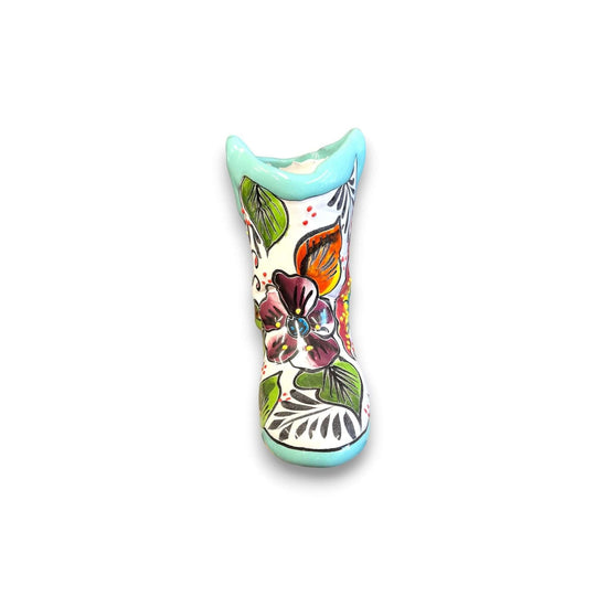 Hand-Painted Talavera Mexican Boot Flower Pot | Colorful Small Talavera Planter - hand-painted floral Mexican boot planter, turquoise rim, artisanal glaze