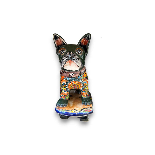 Talavera Frenchie Statue | Colorful Skateboarding Bulldog Art — handmade Talavera bulldog on skateboard, hand-painted kiln-fired lead-free glaze