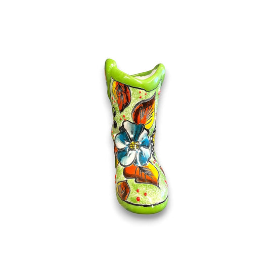 Hand-Painted Talavera Mexican Boot Flower Pot | Colorful Small Talavera Planter - hand-painted green floral ceramic boot planter
