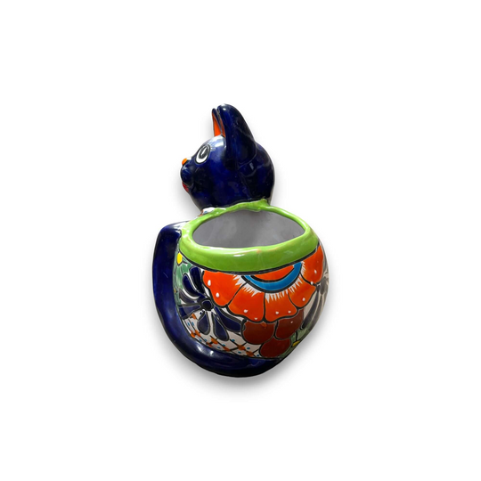Handmade Cat Planter | Hand Painted Cat Talavera Artwork (Medium Size) vibrant blue and orange hand-painted ceramic cat planter from Guanajuato, Mexico