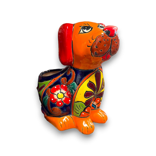 Mexican Handmade Dog Planter | Colorful Hand-Painted Talavera Dog Planter (Medium Size) - vibrant hand-painted Talavera ceramic dog planter with floral motifs