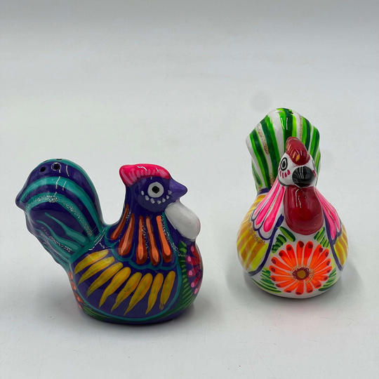 Set of 2 Chicken Salt and Pepper Shakers | Mexican Hand-Painted Guerrero Pottery - colorful hand-painted chicken salt and pepper shakers