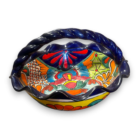Talavera Fruit Basket | Colorful Hand-Painted Centerpiece - hand-painted Mexican Talavera ceramic fruit basket centerpiece with blue twisted handle