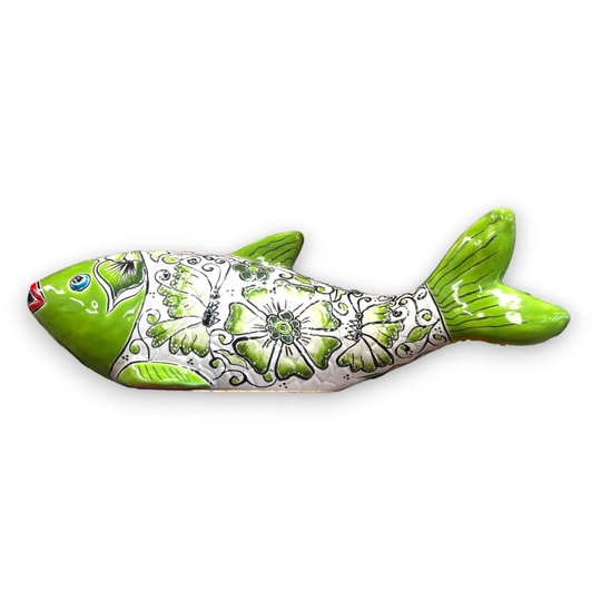 Handmade Talavera Fish Statue | Large Colorful Cultural Art - green floral hand-painted ceramic fish from Guanajuato, kiln-fired lead-free glaze