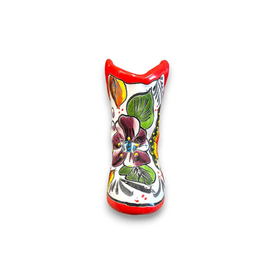 Hand-Painted Talavera Mexican Boot Flower Pot | Colorful Small Talavera Planter showing vibrant hand-painted floral design and red trim, kiln-fired lead-free glaze