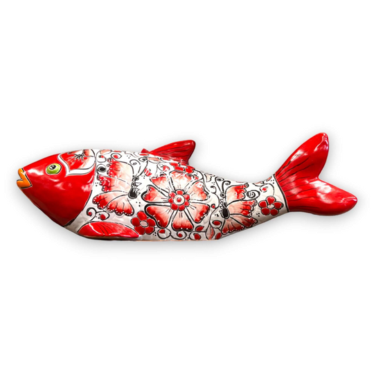 Handmade Talavera Fish Statue | Large Colorful Cultural Art - hand-painted red floral ceramic fish from Guanajuato, kiln-fired lead-free glaze