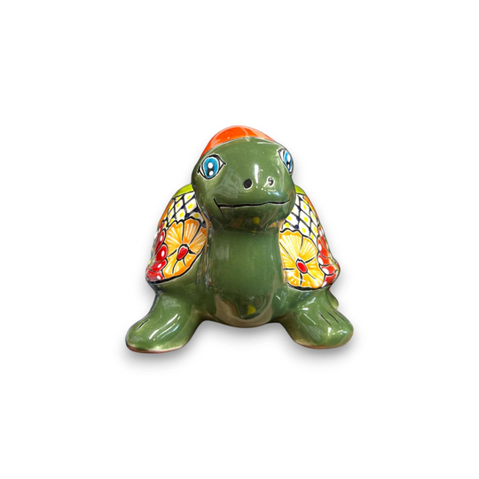 Small Talavera Turtle Planter | Hand-Painted Mexican Pottery, hand-painted green ceramic turtle planter with colorful floral shell