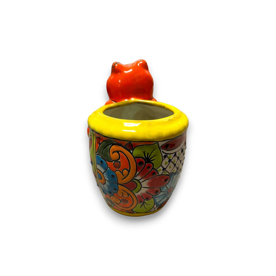 Talavera Frog Planter | Colorful Hand-Painted Mexican Pottery - hand-painted yellow-rim frog-shaped pottery planter with floral Talavera design