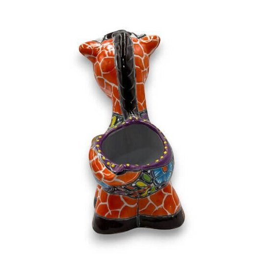 Talavera Giraffe Planter | Small Hand-Painted Succulent Statue - orange hand-painted Talavera giraffe planter with floral interior
