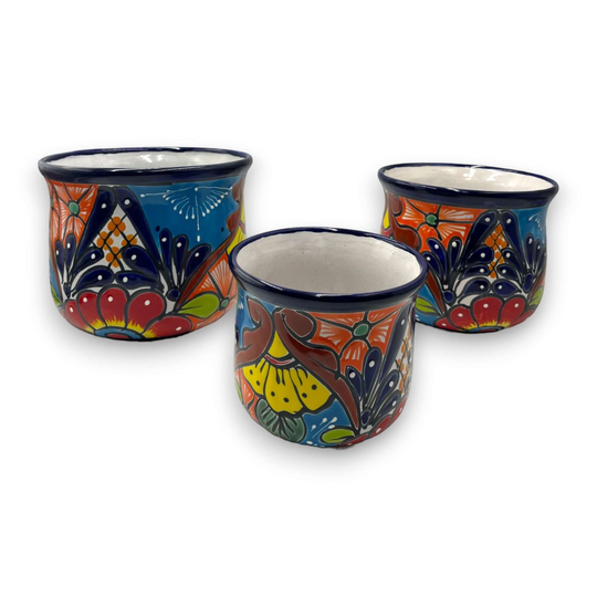 Set of 3 Talavera Flower Pots | Colorful Hand-Painted Mexican Planters - hand-painted Mexican Talavera ceramic planters, bright floral design