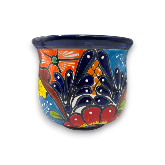 Set of 3 Talavera Flower Pots | Colorful Hand-Painted Mexican Planters - vibrant blue hand-painted Talavera ceramic planter with floral motifs