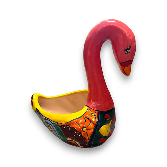 Large Talavera Swan Planter | Colorful Hand-Painted Mexican Pottery - hand-painted red swan ceramic planter with floral Talavera design