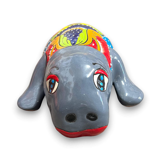Mexican Handmade Seal Planter | Colorful Talavera Seal (Medium Size) hand-painted gray Talavera ceramic seal planter with bright floral back