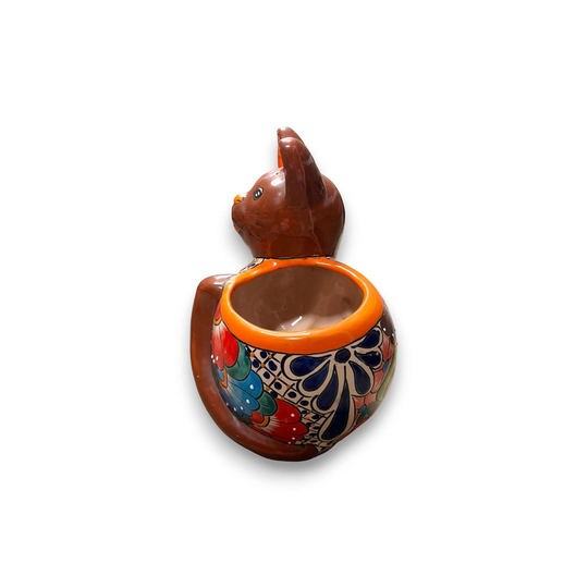 Handmade Cat Planter | Hand Painted Cat Talavera Artwork (Medium Size) - medium brown talavera cat planter with colorful floral design, glossy lead-free glaze