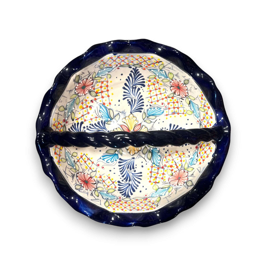 Talavera Fruit Basket | Colorful Hand-Painted Centerpiece - hand-painted Talavera divided fruit basket with floral blue and yellow pattern