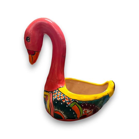 Large Talavera Swan Planter | Colorful Hand-Painted Mexican Pottery - bright hand-painted pink swan ceramic planter with floral Talavera patterns