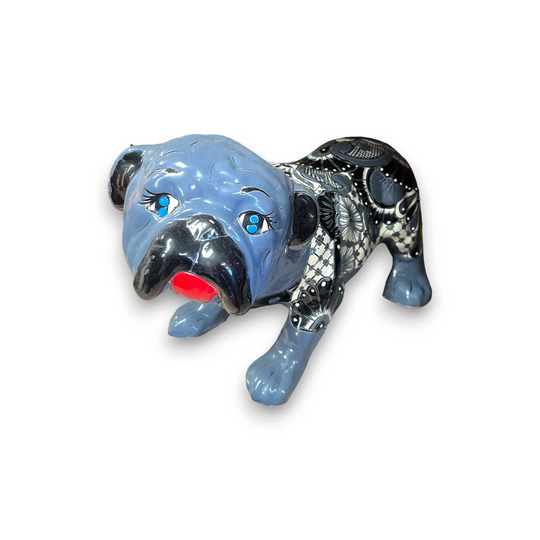 Handmade Talavera Dog Statue | Colorful Hand-Painted Medium Animal Artwork - blue hand-painted Talavera bulldog with floral patterns