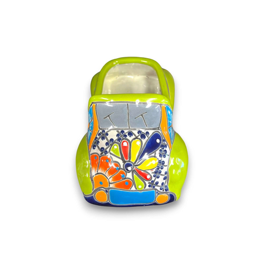 Colorful Hand-Painted Talavera Car Planter | Small Ceramic Car Statue - bright green hand-painted Talavera ceramic car planter with floral motif
