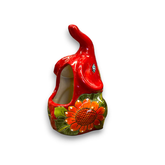 Handmade Talavera Elephant Planter | Colorful Medium Animal Art - red hand-painted ceramic elephant planter with sunflower design