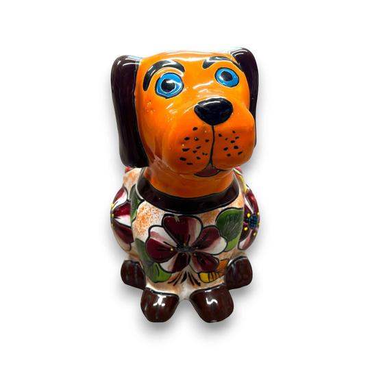 Mexican Handmade Dog Planter | Colorful Hand-Painted Talavera Dog Planter (Medium Size) - orange Talavera dog planter with floral body, handcrafted in Guanajuato