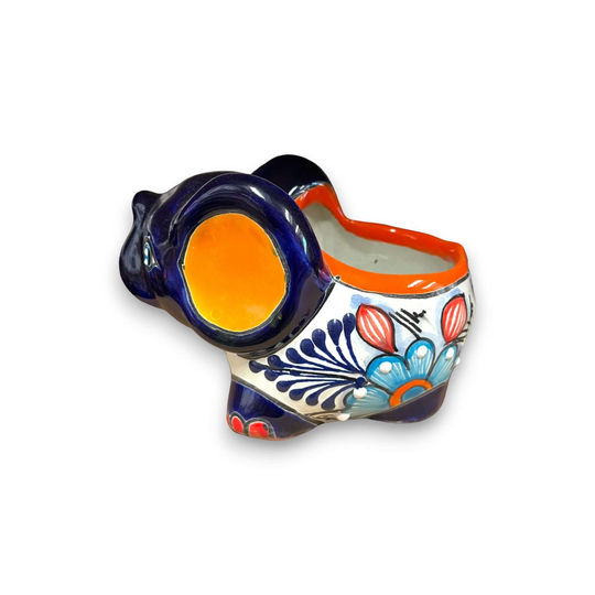 Hand-Painted Talavera Elephant Flower Pot | Colorful Small Talavera Planter - hand-painted blue floral ceramic elephant planter from Guanajuato, Mexico