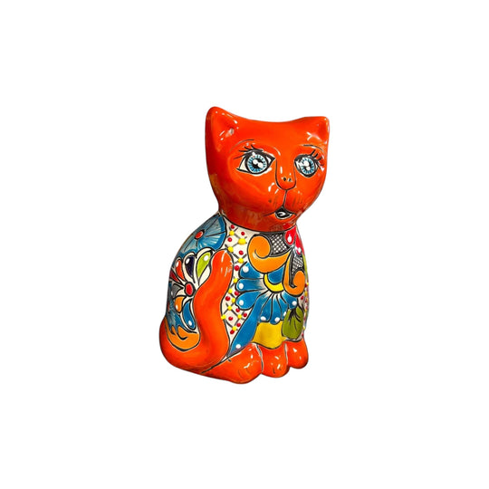 Hand-Painted Talavera Cat Statue | Medium Mexican Folk Art - bright orange hand-painted Talavera cat statue on dark wood table