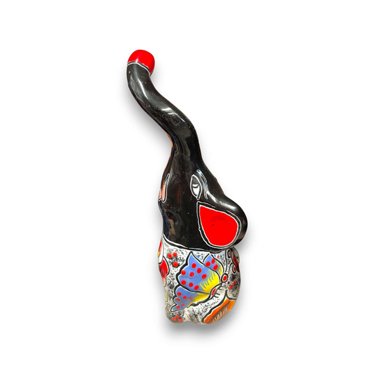 Talavera Elephant Statue | Colorful Hand-Painted Art - black hand-painted Talavera elephant figurine with red accents and floral patterns