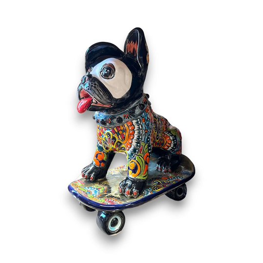 Talavera Frenchie Statue | Colorful Skateboarding Bulldog Art - Handmade hand-painted Talavera bulldog on skateboard from Guanajuato, Mexico