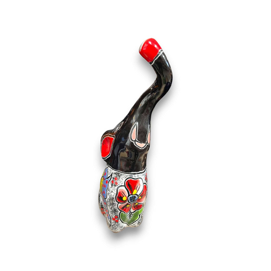 Talavera Elephant Statue | Colorful Hand-Painted Art black-and-red hand-painted Talavera elephant statue with floral motifs